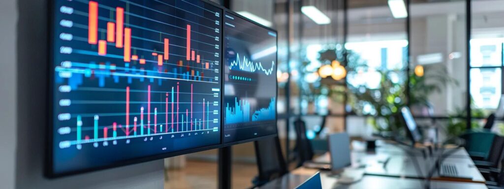 a vibrant, modern office workspace showcases a large screen displaying a dynamic graph illustrating the seo growth of brands after implementing responsive web design, surrounded by engaging visuals of successful small business websites.