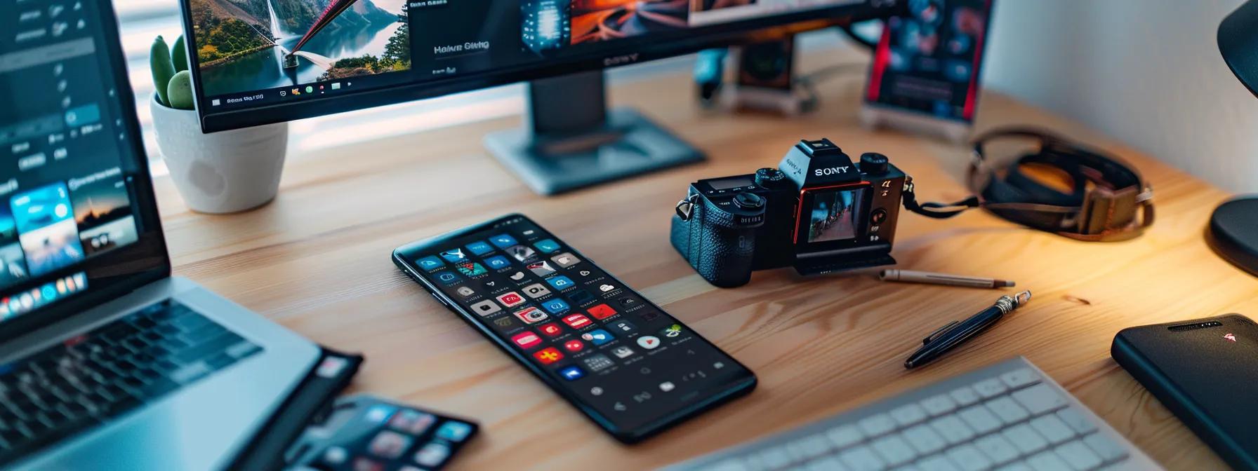 Modern workspace with smartphone displaying app icons, laptop, camera, and desk accessories, emphasizing responsive web design and digital marketing tools.