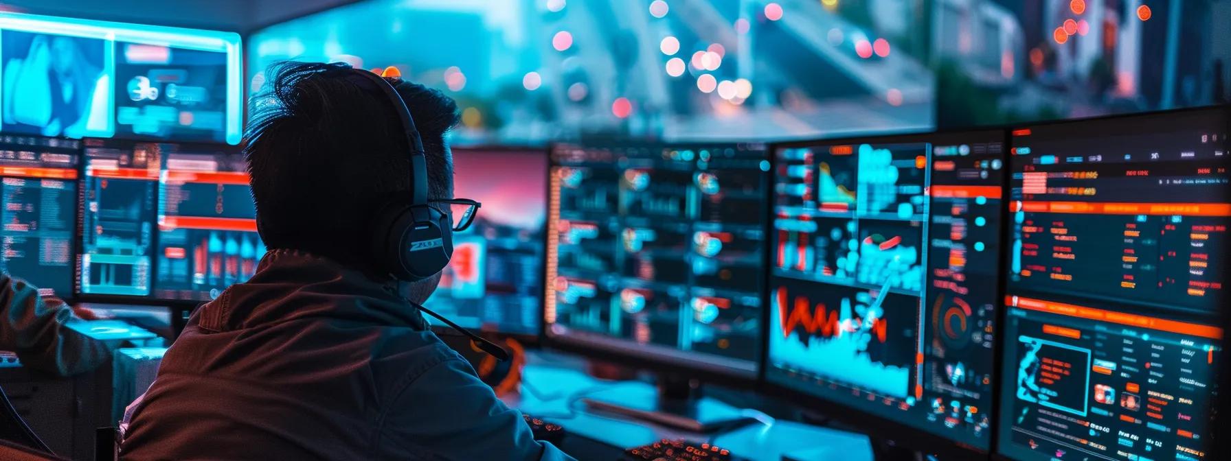 Person wearing headphones working at a multi-monitor setup displaying data analytics and charts, highlighting themes of digital marketing and responsive web design.