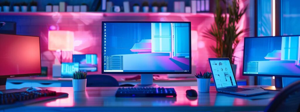 a visually captivating digital workspace showcases a sleek, modern website design on various devices, with responsive layouts and optimized images seamlessly adapting to different screen sizes against a vibrant, tech-inspired background.