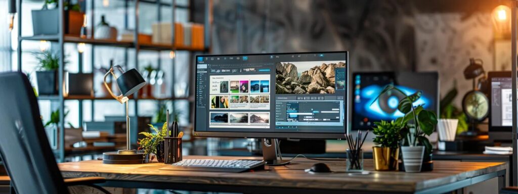 a visually compelling scene of a modern workspace featuring a large computer screen displaying a vibrant, dynamic website, symbolizing the flexibility and efficiency of responsive web design amidst a backdrop of digital devices.
