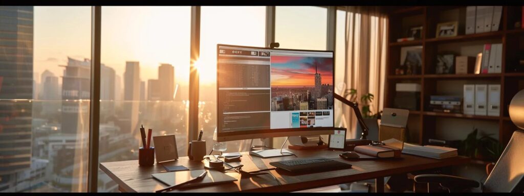 a visually dynamic scene of a modern workspace featuring a large computer screen displaying a vibrant, fluid website design that adjusts seamlessly across diverse devices, illuminated by soft natural light filtering through large windows.