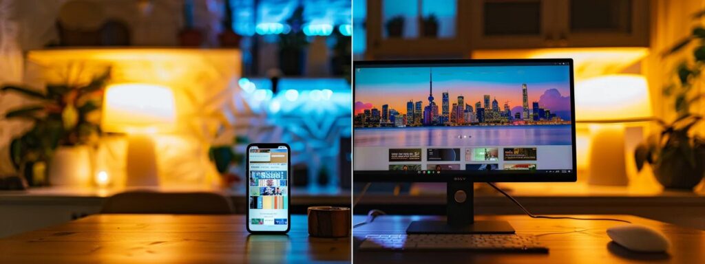 a visually striking split-screen comparison showcases a responsive e-commerce site on a sleek smartphone next to a traditional design displayed on a bulky desktop monitor, illuminated by soft, modern lighting that emphasizes the contrasting user experiences and development costs.