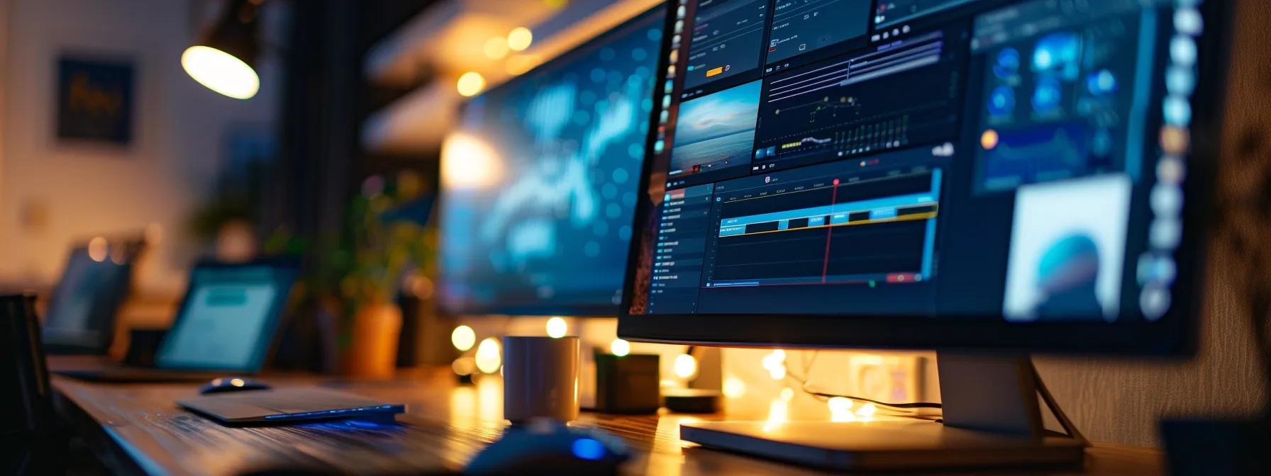 Modern workspace with multiple monitors displaying digital design and analytics, emphasizing responsive web design and development.