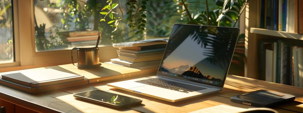 a vivid workspace scene showcasing a sleek laptop illuminated by soft natural light, surrounded by open books and a tablet displaying cutting-edge responsive design tutorials.