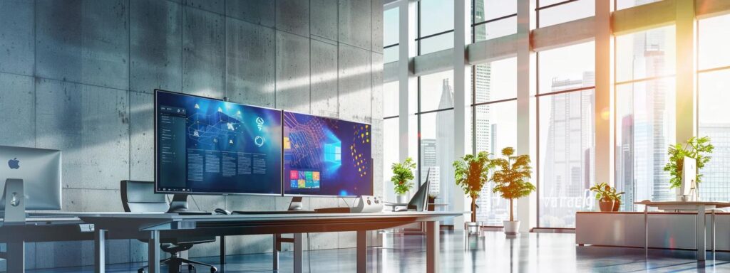 a sleek, modern workspace showcases a vibrant digital screen displaying an array of customizable web designs, illuminated by bright, natural light streaming through expansive windows, emphasizing the theme of affordable and responsive web design services.