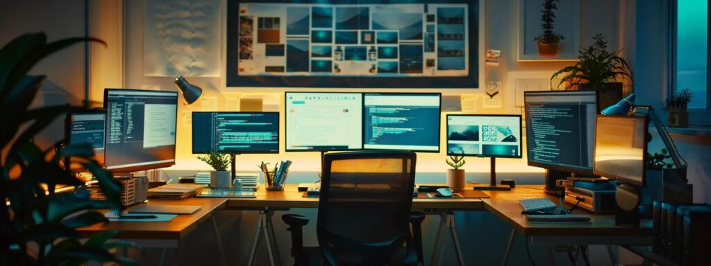 a vibrant, dynamic workspace showcasing multiple devices displaying a beautifully responsive web design, illuminated by soft natural light to emphasize fluid interactions across screens of varying sizes.