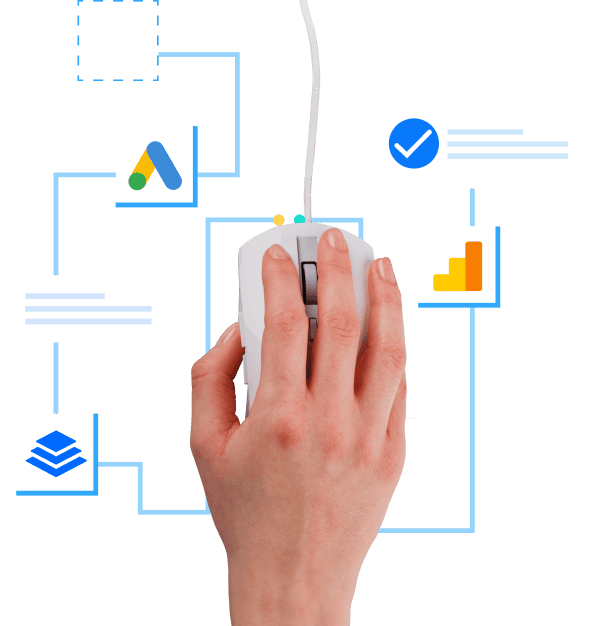 Hand using a computer mouse with digital marketing icons and graphics representing analytics, advertising, and SEO services.