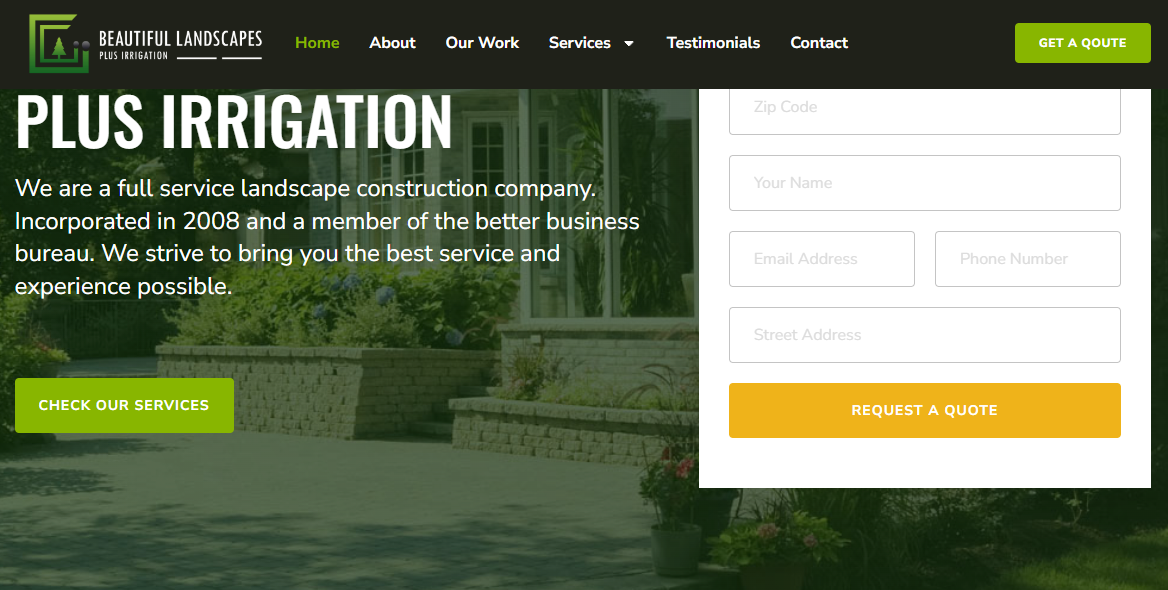 Beautiful Landscapes Plus Irrigation website showcasing landscape construction services, featuring a modern design, call-to-action buttons, and lush greenery in the background.