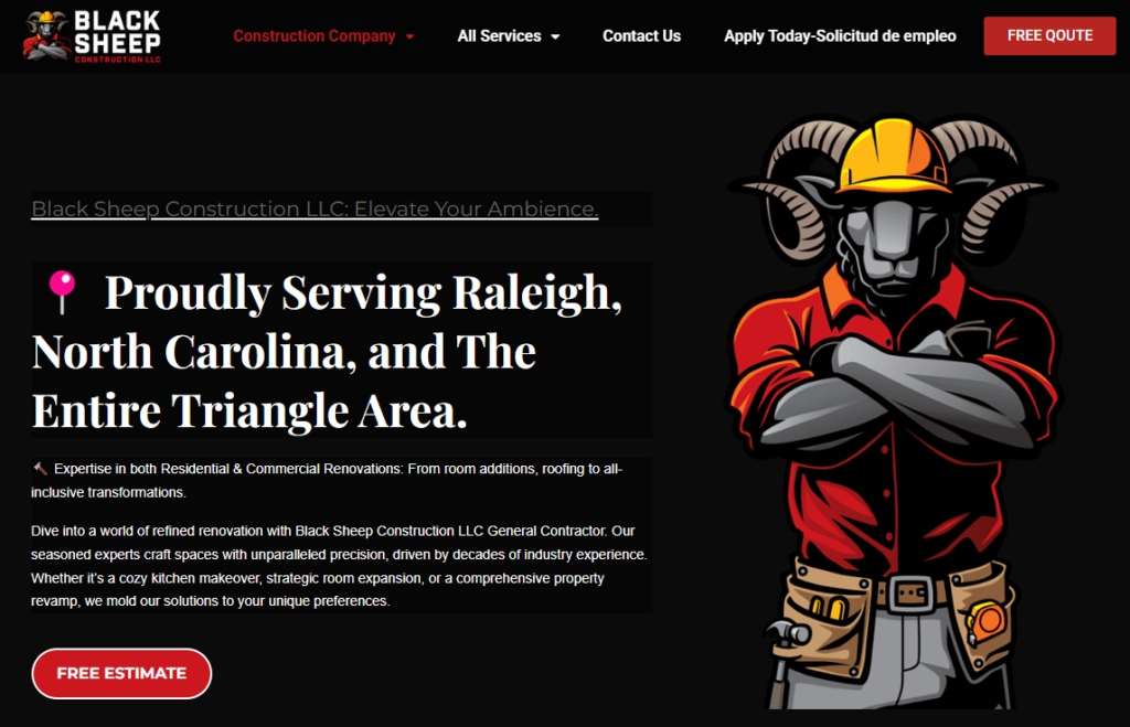 Black Sheep Construction LLC logo featuring a muscular ram wearing a hard hat and work shirt, symbolizing expertise in construction and renovation services for Raleigh and the Triangle Area.