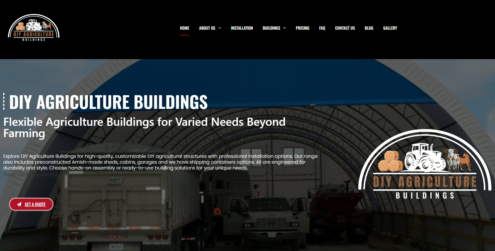 DIY Agriculture Buildings logo with flexible agricultural structures under a large canopy, showcasing customizable options for farming and beyond.