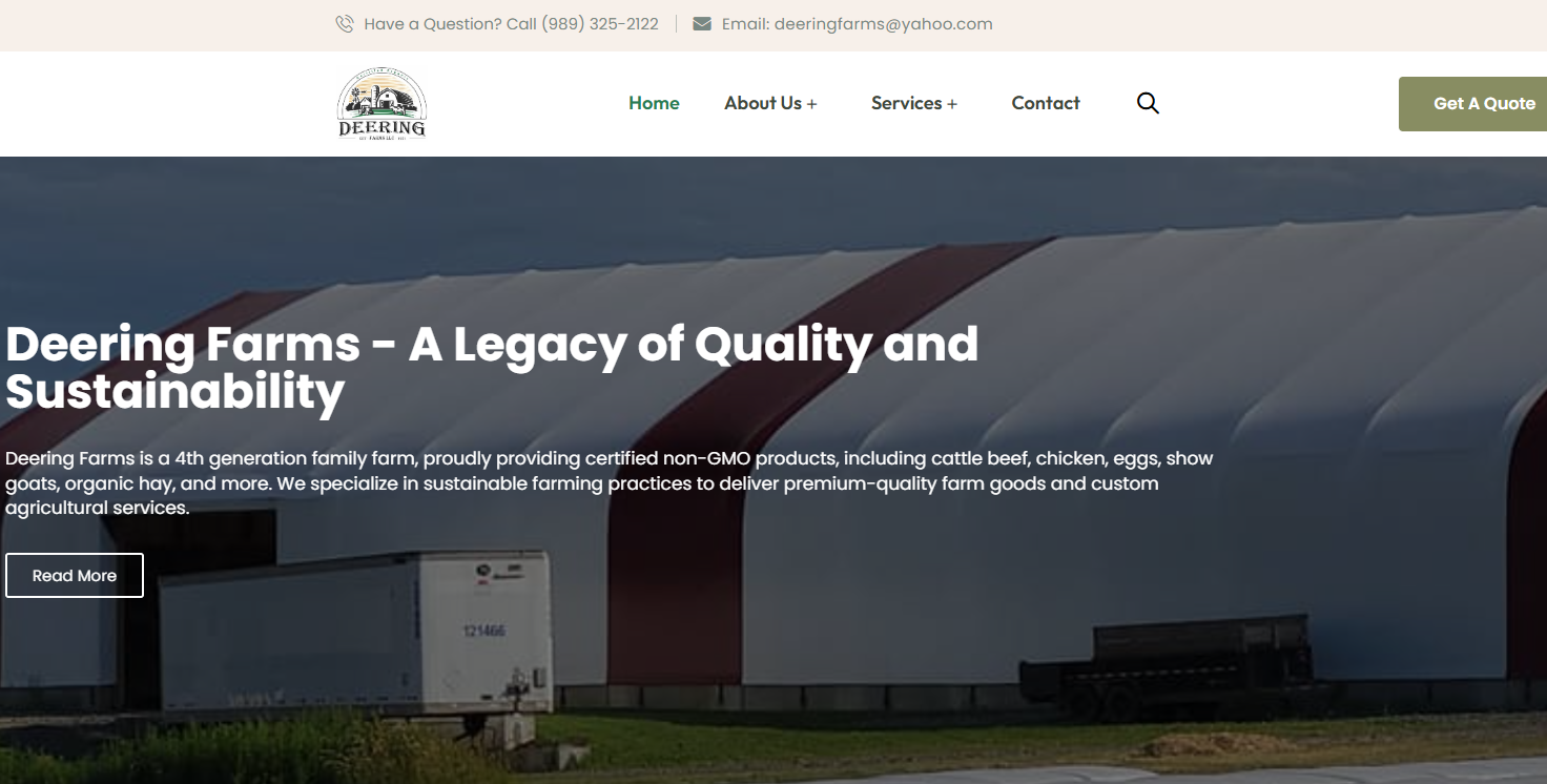 Deering Farms logo and website header showcasing agricultural services, emphasizing quality and sustainability in farming practices.