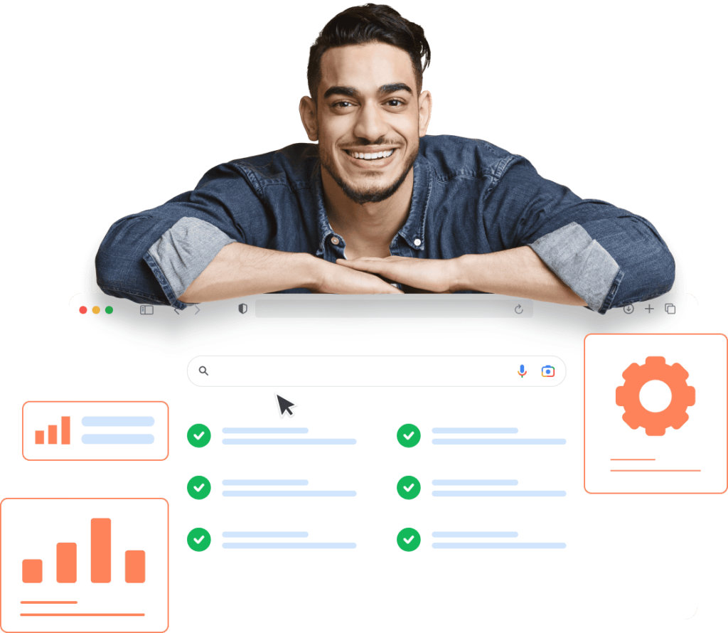 Smiling man in denim shirt leaning on a digital interface displaying analytics and performance metrics, representing digital marketing expertise and campaign management.
