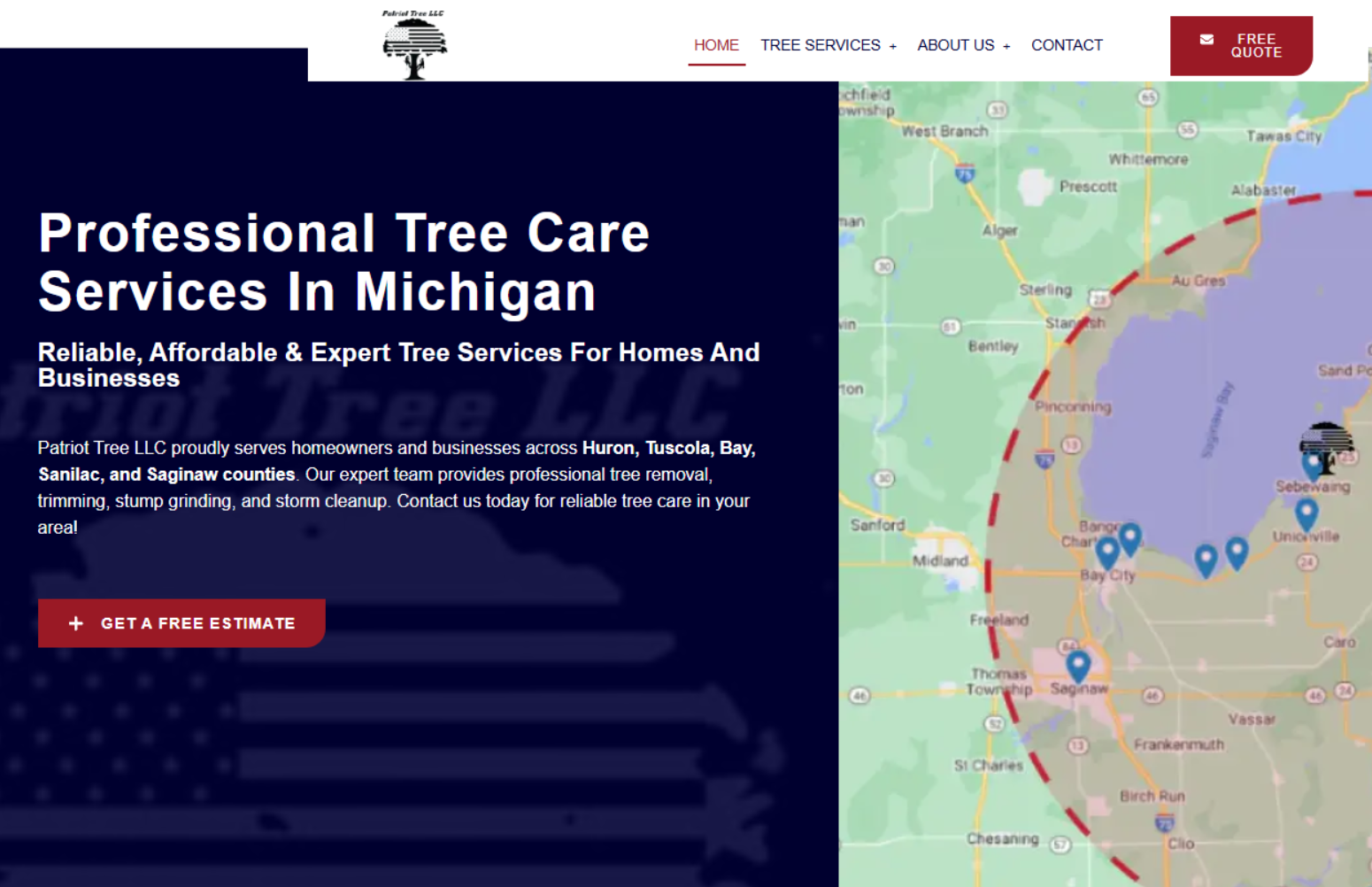 Professional tree care services in Michigan by Patriot Tree LLC, featuring a map highlighting service areas in Huron, Tuscola, Bay, Sanilac, and Saginaw counties, emphasizing reliability and expertise.