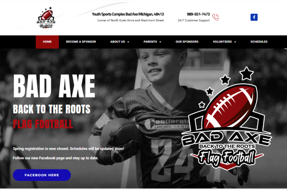 Back to The Roots Flag Football logo featuring a young player in a football jersey holding a football, emphasizing youth sports and community engagement.